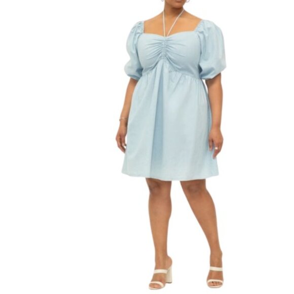 ELOQUII Womens Tie Neck Puff Sleeve Mini Dress Blue Chambray Plus 24 New - Picture 1 of 4